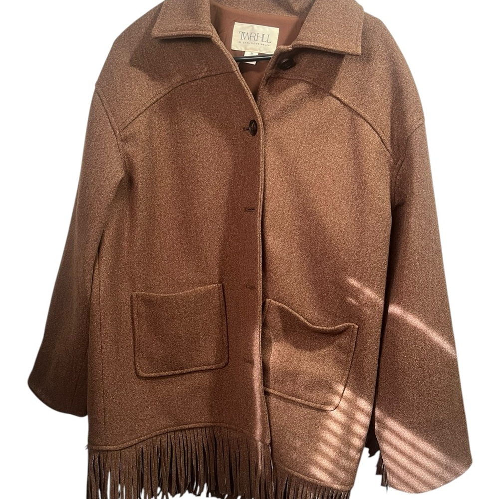 TWRHLL By Cristie Brinkley Brown Cape with Fringe Detail and Wide Collar